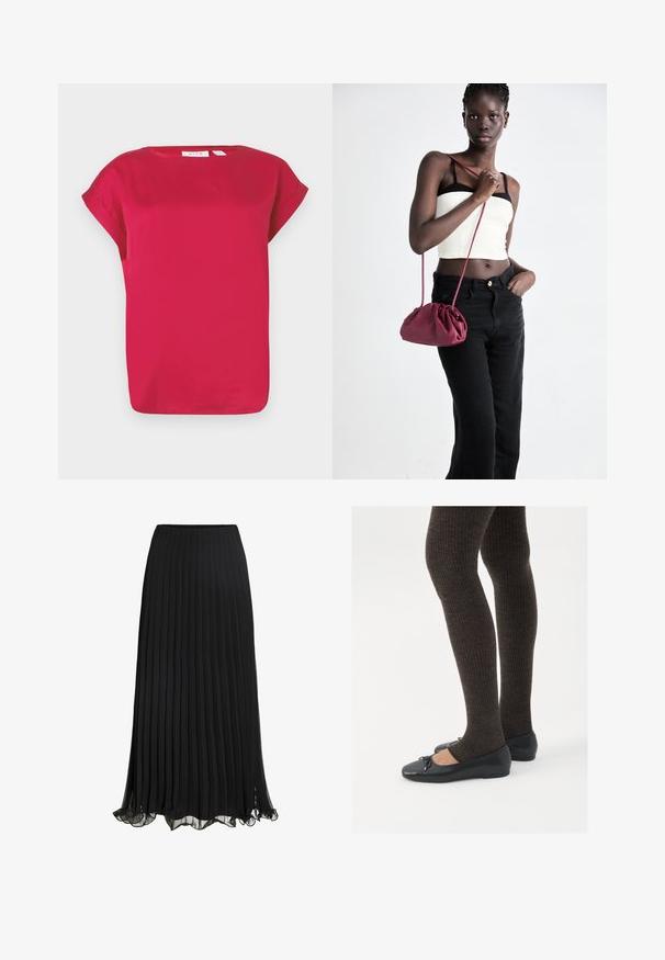 Červený krátky rukáv top vyrobený z hladkej látky, s okrúhlym výstrihom a stočenými rukávmi. Jednoduchý dizajn s voľným strihom a rovný lem.; Čierna plisovaná maxi sukňa vyrobená z ľahkej tkaniny s prúdiacim dizajnom. Má volánový lem a elastický pás pre pohodlie.; Čierne ploché topánky s malou mašľou na špičke, v kombinácii s tmavohnedými rebrovanými pančuchami. Topánky majú hladký povrch a nízky profil.; Burgundský mäkký kabelka z textilu s zhromaždeným dizajnom a dlhým popruhom, nosená cez telo. Model má na sebe biely crop top a čierne džínsy.
