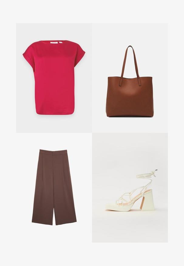 Červený krátky rukáv top vyrobený z hladkej látky, s okrúhlym výstrihom a stočenými rukávmi. Jednoduchý dizajn s voľným strihom a rovný lem.; Hnedé nohavice so širokými nohavicami a hladkou textúrou, s vysokým pásom a prednými skladmi. Tkanina je ľahká a voľne sa pohybuje.; Biele sandále na vysokom opätku s hrubým podpätkom, s pruhovaným dizajnom a viazaním na členku. Hladký povrch s platformou vpredu pre zvýšenú výšku.; Hnedá kožená taška na rameno s hladkou textúrou, otvoreným vrchom a dvoma ramenými popruhmi. Má minimálne šitia a žiadne viditeľné kovania.