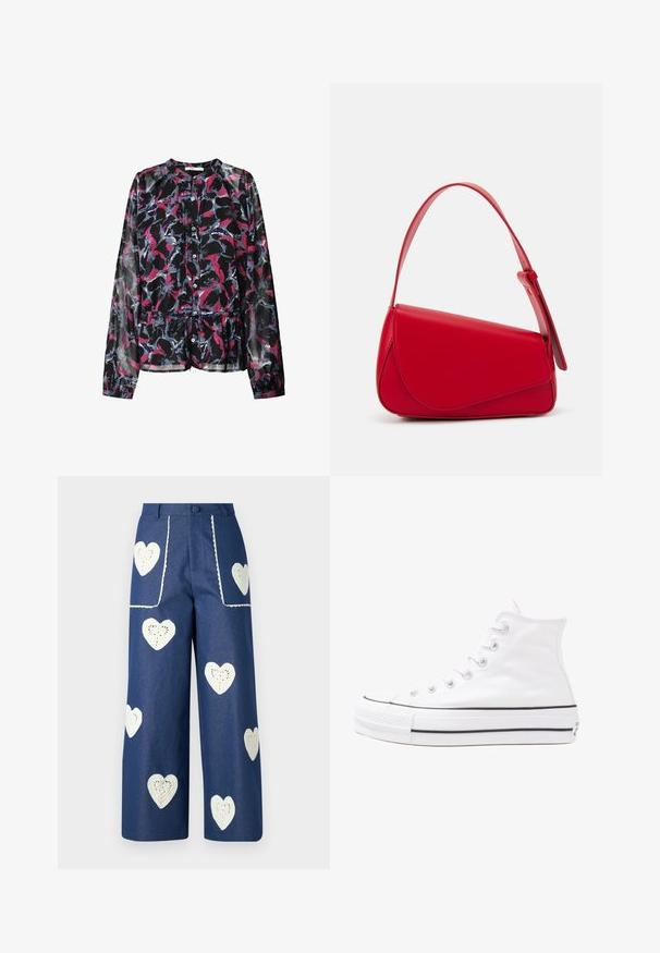 Svart blus med blommönster i rosa, blått och vitt. Har långa ärmar, knappstängning fram och rynkad midja för en lös passform.; Sister Jane HEART TO HEART - Jeans straight leg - blue denim; Vit hög topp canvas sneaker med svart gummisulan, framsidan gummitåhätta och sex öglor för snören, med en ren, minimalistisk design.; Röd läderhandväska med en vinkelrät, geometrisk design. Har ett justerbart axelband och en klaffstängning med sydda detaljer.