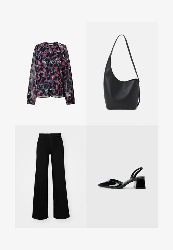 Black blouse with a floral pattern in pink, blue, and white. Features long sleeves, button front, and gathered waist for a loose fit.; Black wide-leg pants made of denim, featuring a structured waistband, belt loops, and front pockets. Smooth texture with a classic design.; Black patent leather slingback heels with a pointed toe and a geometric block heel. Features a sleek, minimal design and smooth texture.; Black leather hobo bag with a smooth texture, curved shape, and single adjustable strap; features a wide opening at the top.