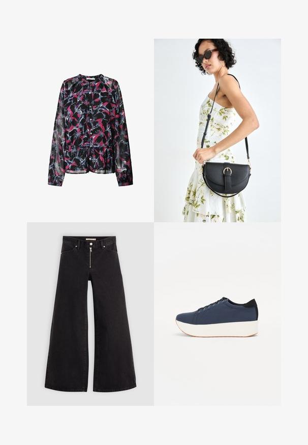 Must mustriga must playa must taailun, mis on lillemustriga roosa, sinine ja valge. Omab pikki varrukaid, nööpidega esist, ning kogutud vööd lõdva sobivuse saavutamiseks.; Laiad teksad mustast denimist, millel on lukuga eesmine osa, viie taskuga disain ja peened õmblusdetailid. Sile tekstuur ja juhuslik stiil.; Tumedat sinised tennised tekstureeritud riidest pealispinnaga, valge platvormi tallaga, ümarate varvaste ja musta kontsapaneeliga. Omab kuut silma paelte jaoks.; Mustmust mustraha kõverate joontega, eemaldatava rihmaga ja kuldsete detailidega. Kotil on klapp, millel on pandladetail.