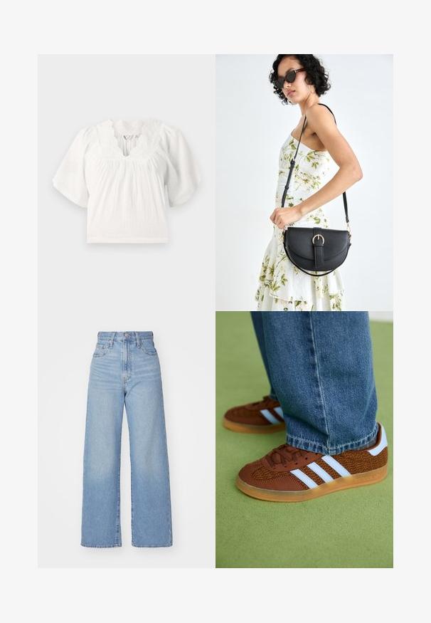 Valkoinen paita lyhyillä puffihihnoilla, teksturoitu kangas, aaltoileva kaula-aukko ja brodeeratut yksityiskohdat kauluksessa. Rentoa istuvuutta.; Vaalean siniset korkeavyötäröiset löysät farkut, joissa on etuvetoketju ja nappikiinnitys, sekä edessä että takana taskut, valkoista taustaa vasten.; Ruske Adidas teniske z belimi črtami in gumo podplati, oblečene z modrimi kavbojkami na zeleni preprogi.; Musta nahkainen käsilaukku, joka on kaareva muotoilultaan, irrotettavalla hihnalla ja kultaisilla yksityiskohdilla. Laukussa on läppä, jossa on solk yksityiskohta.