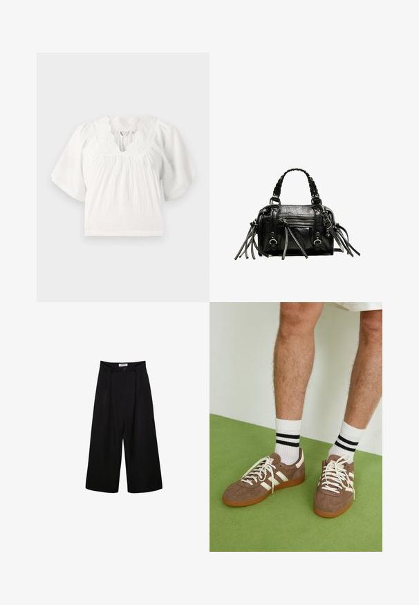 Bela bluza s kratkimi naborki, teksturirana tkanina, ovratnik s valovitimi robovi in vezeni detajli vzdolž ovratnika. Prijetno prileganje.; Črne široke hlače s visokim pasom, sploščeno spredaj in gumbom za zapiranje. Narejene so iz gladkega materiala s krojem po meri.; Rjavi semiš športni čevlji z belimi detajli in vezalkami. Gumijast podplat. Nošeni z belimi nogavicami z črnimi črtami. Zelena teksturirana talna obloga.; Črna usnjena torbica z pletenimi ročaji, teksturirano površino, zadrgo na sprednjem žepu in dekorativnimi resicami. Kompaktna in strukturirana oblika.