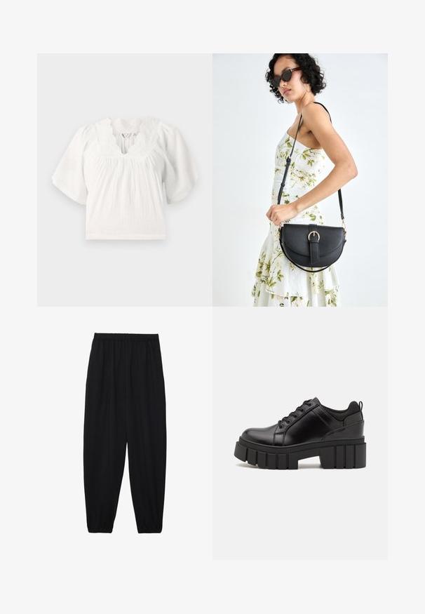 Blusa bianca con maniche corte a sbuffo, tessuto testurizzato, scollatura ondulata e dettagli ricamati lungo il colletto. Vestibilità casual.; Pantaloni neri leggeri con vita elastica e caviglie arricciate. Il tessuto è liscio e presenta un design rilassato e affusolato.; Scarpe platform in pelle nera con tacco a blocco robusto, punta rotonda e design tradizionale con lacci. Presentano una superficie liscia e dettagli minimi.; Borsa a tracolla nera in pelle con una forma curva, manico rimovibile e accessori dorati. La borsa presenta una patta con un dettaglio a fibbia.