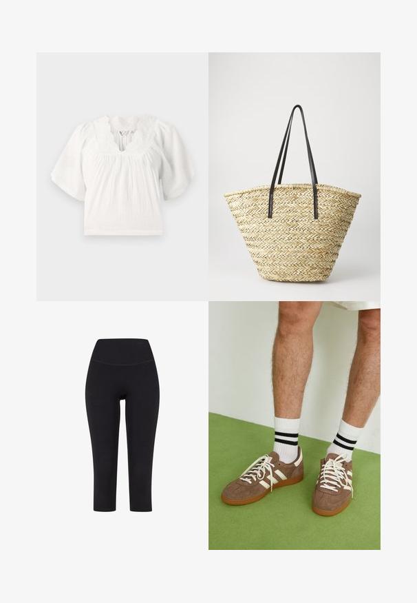 Biela blúzka s krátkymi puff rukávmi, štruktúrovaná tkanina, výstrih s vlnkovým lemovaním a vyšívané detaily okolo goliera. Pôsobí uvoľnene.; Čierne legíny s dĺžkou po členky vyrobené z elastického materiálu, s vysokým pásom a bez viditeľných vzorov alebo kovania.; Hnedé zamatové tenisky s bielymi akcentmi a šnúrkami. Gumová podrážka. Nosené s bielymi ponožkami so čiernymi pruhmi. Zelená textúrovaná podlaha.; Tkaná slamenná taška s širokým, zužujúcim sa tvarom, vybavená dvojicou čiernych kožených rúčok. Prírodná béžová farba s textúrovaným povrchom.