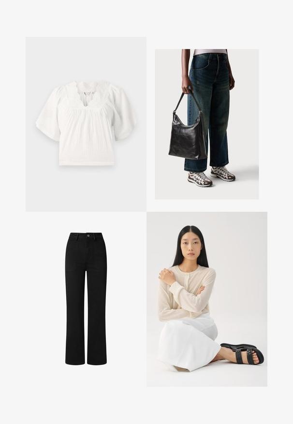 Blouse blanche avec de courtes manches bouffantes, tissu texturé, encolure scallopée et détails brodés le long du col. Coupe décontractée.; Pantalons noirs taille haute avec une coupe droite, en tissu en coton lisse. Dotés de poches avant et d'une simple fermeture à bouton en métal.; Haut beige clair à manches longues, boutonné, associé à une jupe blanche ; le mannequin porte des sandales noires à brides, assis avec les bras croisés.; Sac à bandoulière en cuir noir avec une texture lisse et une bandoulière réglable, associé à un jean ample décoloré et des baskets de sport.