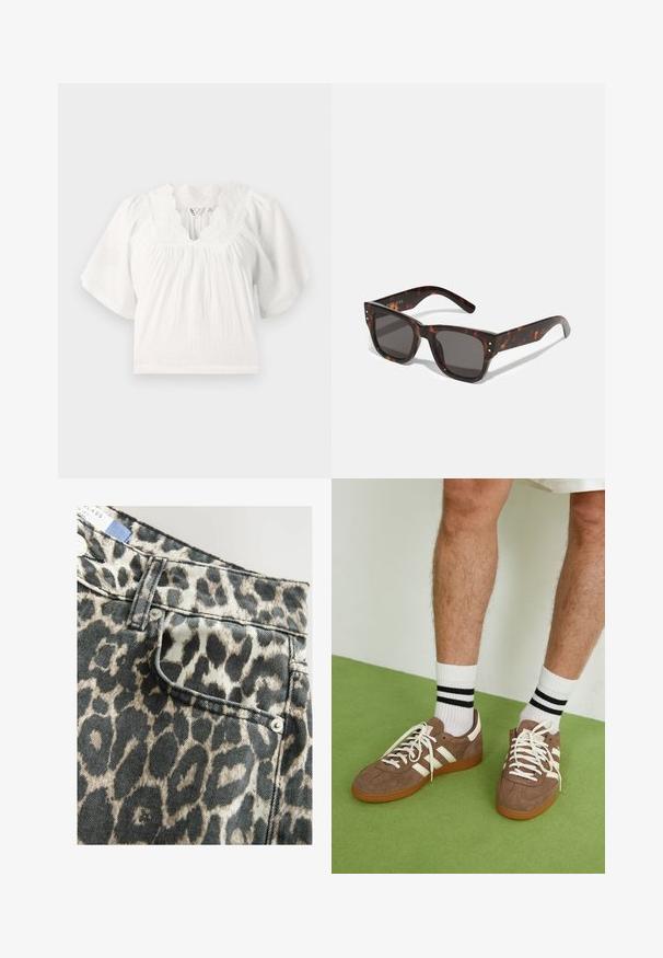 Vit blus med korta puffärmar, texturert tyg, scallopad halsringning och broderade detaljer runt kragen. Avslappnad passform.; Leopardmönstrade jeansshorts med en strukturerad midja, framfickor, svart och beige färgschema, avslutade med silverfärgad knappdetalj.; Bruna mockaskor med vita detaljer och snören. Gummisula i beige. Bärs med vita strumpor med svarta ränder. Grön strukturerad golvyta.; Solfjädrade solglasögon i sköldpaddsdesign med mörka linser, fyrkantig ram och silverdetaljer på framsidan. Tillverkade i plast, lätta och hållbara.; Brun vävd läderhandväska med en slapp, triangulär form. Har ett flätat handtag och en dragkedjestängning längs toppen.