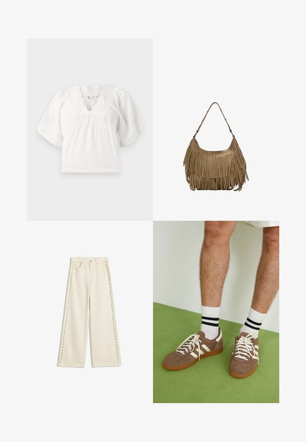 Blusa bianca con maniche corte a sbuffo, tessuto testurizzato, scollatura ondulata e dettagli ricamati lungo il colletto. Vestibilità casual.; Jeans a gamba larga color crema chiaro con accenti in metallo lungo le cuciture esterne, cinque tasche e chiusura a bottone standard.; Sneaker in suede marrone con dettagli e lacci bianchi. Suola in gomma color gomma. Indossati con calzini bianchi con righe nere. Pavimento verde texturizzato.; Borsa a tracolla in suede marrone con lunghi dettagli in frange, forma curva e una singola tracolla. Presenta una superficie liscia e testurizzata.