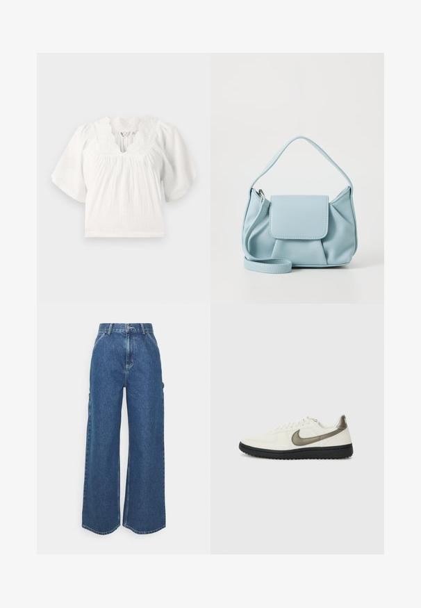 Weißes Blusenshirt mit kurzen Puffärmeln, strukturiertem Stoff, gewelltem Ausschnitt und gestickten Details am Kragen. Lässiger Schnitt.; Weite blaue Denim-Hosen mit hoher Taille, kontrastierenden Nähten und Seitentaschen, ausgestattet mit einem klassischen Five-Pocket-Design und rohen Säumen.; Nike Sportswear FIELD GENERAL - Sneaker low - off-white/black; Hellblaues Lederhandtasche mit einem oberen Griff, einer vorderen Klappen-Tasche und einem abnehmbaren Handgelenkriemen auf einem weißen Hintergrund.