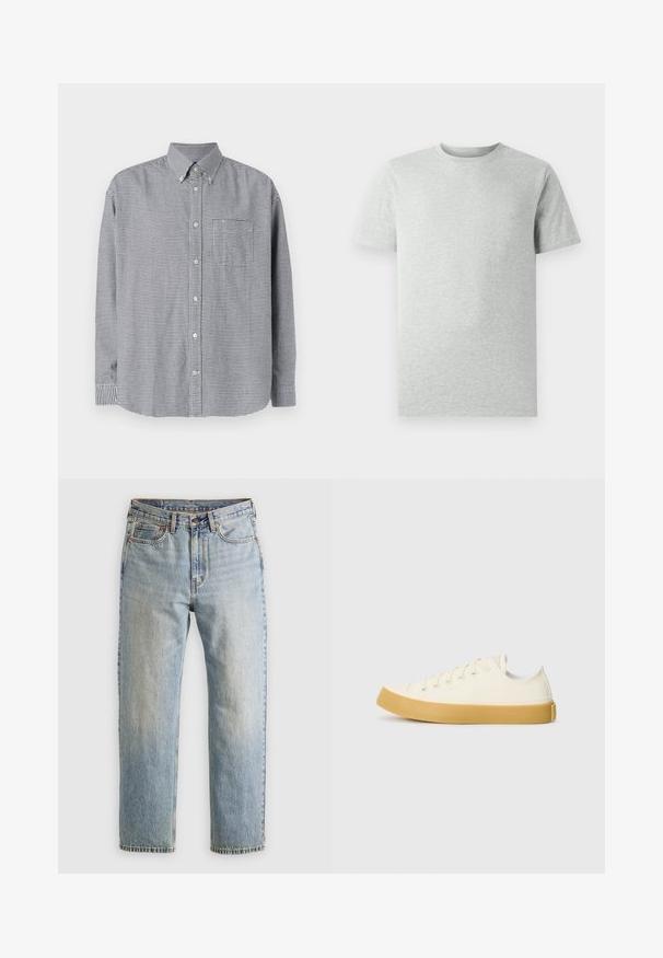 Juodai balta šachmatinė ilgomis rankovėmis marškiniai su apykakle, vienu krūtiniu kišenėje ir apvaliu hemu. Pagaminta iš medvilnės, lygi tekstūra.; Šviesiai pilka trumpomis rankovėmis marškinėliai su apvaliu kaklu, pristatyti baltoje fone, matomi iš priekio, be jokių matomų logotipų ar dizaino.; Šviesiai mėlynos džinsinės kelnės su aukštu liemeniu, priekyje mygtukas, užtrauktukas ir penkių kišenių dizainas, išklotos ant neutralios fono.; Oficio drobės sneakeriai baltai kreminės spalvos, su apvaliu galiuku, su smėlio spalvos guminiais padais ir penkiomis skylėmis raištams, turintys tekstūruotą viršutinę dalį.