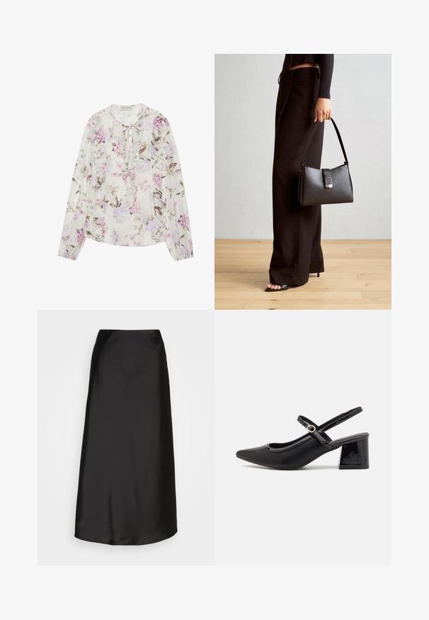 Kukkakuvioinen pusero vaaleassa kermakankaassa, jossa on violetteja ja vaaleanpunaisia kukkia, röyhelöinen etuosa, solmittava kaula-aukko ja pitkät hihat.; Mustat satiini-midi-hameet, joissa on sileä pinta, A-linjainen malli ja hienovarainen kiilto. Ominaisuudet sisältävät tyylikkään, yksinkertaisen muotoilun ilman koristeluja.; Musta lakattu nahka slingback-korkokengät, joissa on terävä kärki, pyöreä aukko-muotoilu ja lohkokorko. Varustettu kultasävyisellä solkiyksityiskohdalla.; Musta käsilaukku, jossa on rakenteellinen muoto, sileä pinta ja metallinen solki. Yhdistetty leveisiin mustiin housuihin ja avonaiheisiin sandaaleihin puulattialla.