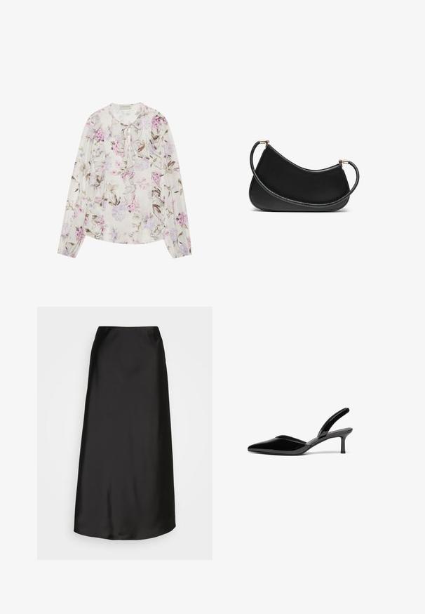 Ziedu blūze gaiši krēmkrāsā, kurā ir purpura un rozā ziedu toņi, ar viļņotu priekšpusi, ar kakla saiti un garām piedurknēm.; Melnas satīna midi svārki ar gludu tekstūru, A-līnijas formu un vieglu spīdumu. Iespējots elegants, vienkāršs dizains bez rotājumiem.; Melnas lakotas ādas siksnas papēža kurpes ar garu purngalu, zemu stiletto papēdi un elegantu, vienkāršu dizainu bez rotājumiem.; Melnas ādas plecu soma ar izliekumu, aprīkota ar teksturētu siksnu un zelta tonētiem aksesuāriem augšējā aizdara daļā. Gluda apdare.