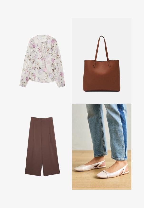 Blumenbluse aus leichtem cremefarbenem Stoff, mit lila und rosa Blumen in verschiedenen Schattierungen, rüschendem Vorderteil, Bindekragen und langen Ärmeln.; Braune Weite-Leg-Hosen mit einer glatten Textur, hoher Taille und Vorderfalten. Der Stoff ist leicht und fällt locker.; Blassrosa Slingback-Ballerinas mit spitzem Punkt, aus einem glatten, lederähnlichen Material. Mit Ausschnitten an den Seiten und einem flachen Absatz.; Braune Leder-Tote mit glatter Textur, offenem Oberteil und zwei Schulterriemen. Verfügt über minimale Nähte und keine sichtbaren Beschläge.