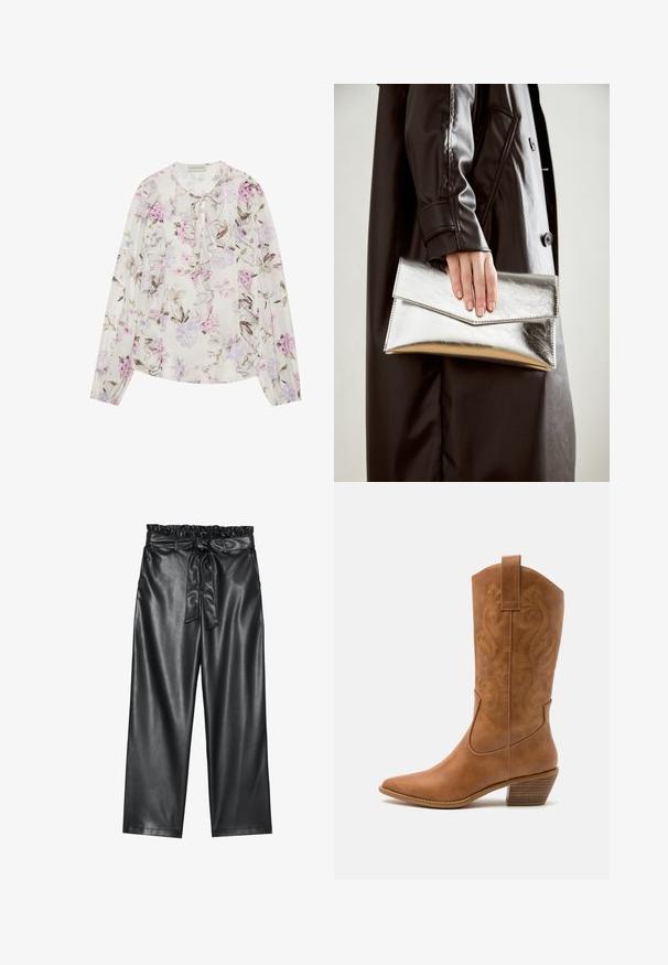 Blusa floreale in tessuto crema chiaro, con sfumature di fiori viola e rosa, davanti arricciato, scollo con nastro e maniche lunghe.; Pantaloni wide-leg neri in pelle sintetica con elastico in vita arricciato e cintura staccabile. Texture liscia e finitura minimale.; Stivale cowboy in pelle marrone chiaro con punta affusolata, modelli ricamati a spirale sull'asta e tacco a blocco impilato. Presenta una linguetta per una facile calzata.; Clutch metallico argento con un design a busta angolare, texture liscia e colore interno a contrasto, tenuto in mano da una persona che indossa un cappotto nero.; Orecchino a cerchio in argento con finitura lucida, caratterizzato da piccoli dettagli in oro e una forma tondeggiante, indossato sul lobo.