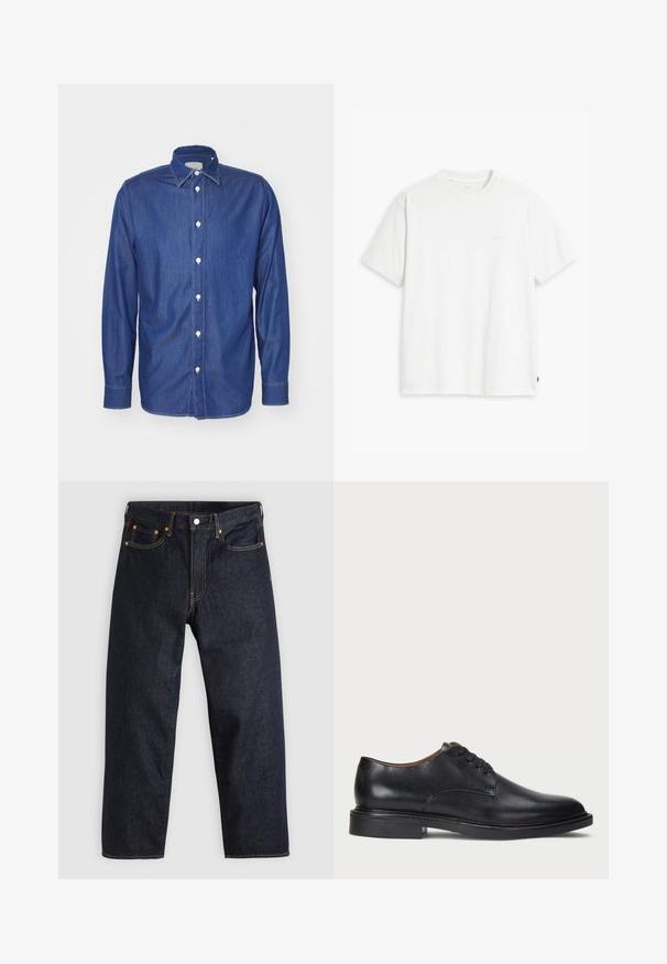 Donkerblauwe denim overhemd met lange mouwen, knoopsluiting met witte knopen, klassieke kraag en zichtbare stikselaccenten op de naden.; Wit katoenen T-shirt met korte mouwen, ronde hals en een subtiel "Levi's" logo in een lichte kleur op de voorkant gedrukt.; Donkerblauwe denim jeans met een rechte snit, vijf zakken, contrasterende oranje stiksels en een knoopsluiting. Geen zichtbare patronen of versieringen.; Zwart leren dresschoen met een ronde neus, vetersluiting en een lage gestapelde hak. Gladde textuur met minimale stiksels.