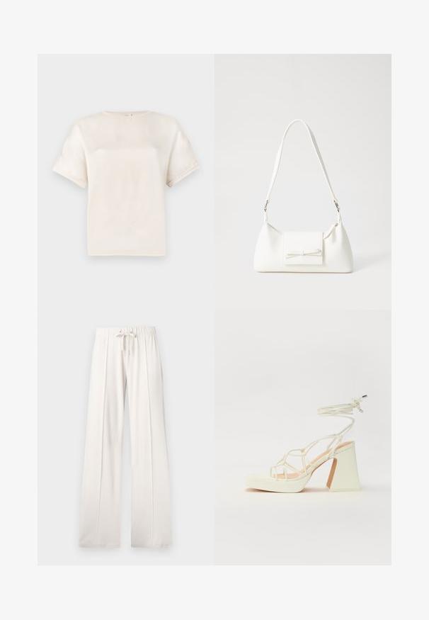 Lyhythelmainen crew neck -t-paita off-white-värissä, valmistettu sileästä kankaasta, jossa on rento istuvuus ja minimiset ompeluyksityiskohdat hihoissa.; Vaaleanbeiget collegehousut, joissa on pehmeä kangas, nyörikuja vyötäröllä, leveät lahkeet ja pystysaumat, sekä sileä pinta.; Valkoinen korkokenkä, jossa on paksu korko, ja joka sisältää nauhakiinnityksen ja nilkkaketjun. Sujuva pinta, jossa on platform-etupohja lisäkorkeutta varten.; Valkoinen synteettinen käsilaukku, jossa on kolmikulmainen muoto, tasainen etu läppä ja nauhadetail, säädettävä olkahihna, sileä rakenne ja minimalinen muotoilu.