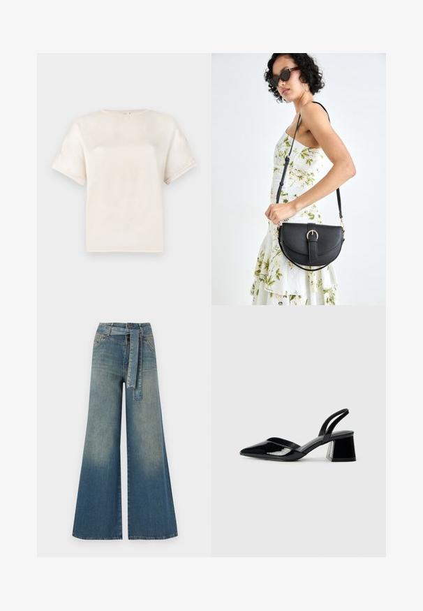 T-shirt a maniche corte con collo rotondo in bianco sporco, realizzato in tessuto morbido, con una vestibilità rilassata e dettagli di cucitura minimi sulle maniche.; Pantaloni in denim a gamba larga con una sfumatura che va dal blu chiaro al blu scuro, vita alta, passanti per cintura e una cintura in tessuto coordinato. Finitura in denim strutturato.; Décolleté in vernice nera con punta affusolata e tacco in geometria cubica. Presentano un design elegante e minimalista, con una texture liscia.; Borsa a tracolla nera in pelle con una forma curva, manico rimovibile e accessori dorati. La borsa presenta una patta con un dettaglio a fibbia.