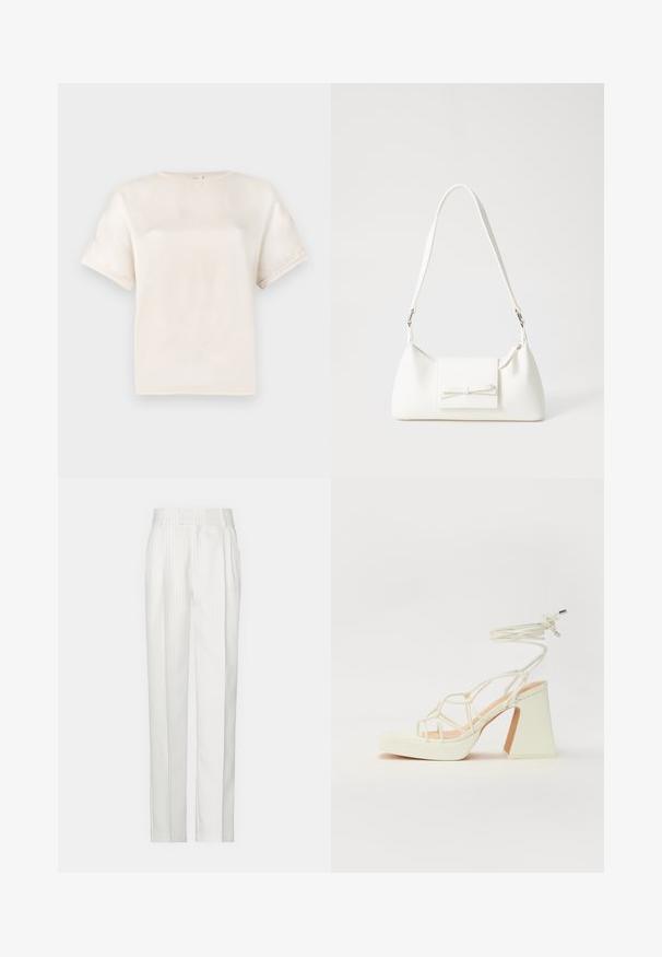 Krátký rukáv tričko s kulatým výstřihem v barvě off-white, vyrobené z hladkého materiálu, s uvolněným střihem a minimálními švy na rukávech.; Bílé pruhované kalhoty s rovným střihem, vyrobené z lehkého materiálu. Obsahují záhyby v přední části a tradiční pas.; Bílé sandály na vysokém podpatku s robustním podpatkem, s designem s pásky a zavazováním kolem kotníku. Hladký povrch s platformou vpředu pro zvýšení výšky.; Bílá syntetická kabelka v trojúhelníkovém tvaru, s plochým předním klopným víkem a detailem mašle, nastavitelným popruhem, hladkým povrchem a minimalistickým designem.