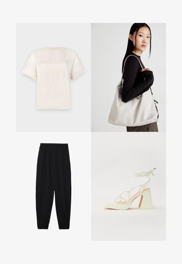 Kurzärmliges Rundhals-T-Shirt in Off-White, aus glattem Stoff gefertigt, mit lässigem Schnitt und minimalen Nähdetails an den Ärmeln.; Schwarze, leichte Hosen mit einem elastischen Bund und gerafften Knöcheln. Der Stoff ist glatt und hat ein entspanntes, schmal zulaufendes Design.; Weiße High-Heel-Sandale mit einem klobigen Absatz, die über ein Riemchendesign und ein Knöchelband verfügt. Glatte Textur mit einer Plattform vorne für zusätzliche Höhe.; Beige Handtasche aus weichem Material, mit einem lässigen Design, gesteppten Details und zwei Schulterriemen. Geeignet für den täglichen Gebrauch.