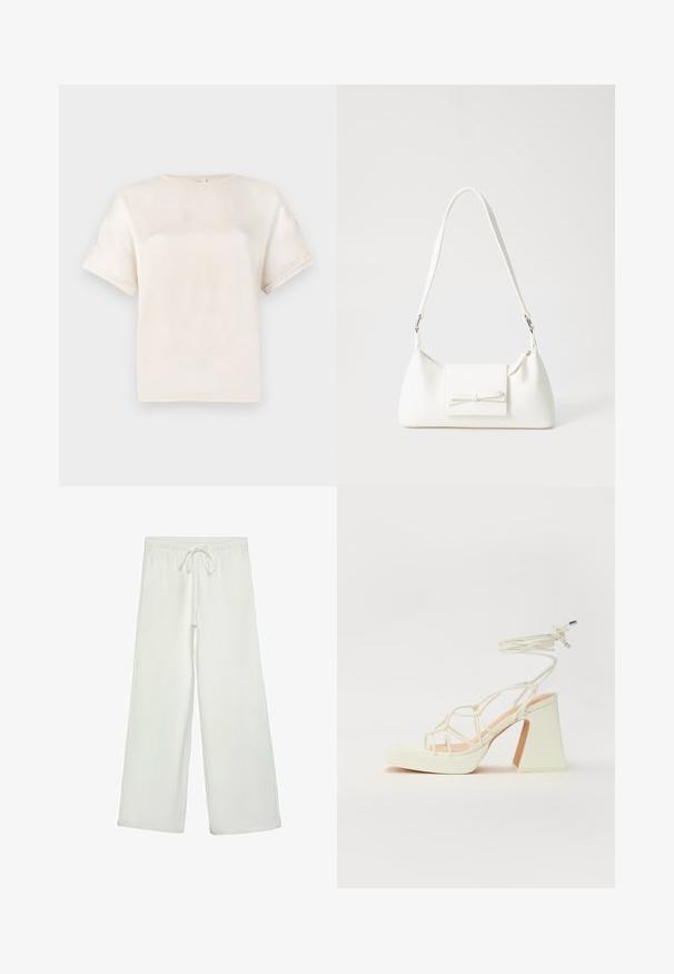 T-shirt z krótkim rękawem typu crewneck w kolorze off-white, wykonany z gładkiego materiału, o luźnym fasonie i minimalnych detalach szwów na rękawach.; Białe spodnie o szerokich nogawkach wykonane z miękkiego materiału. Posiadają elastyczny pas ze sznurkiem i gładką teksturę. Brak widocznych wzorów lub elementów metalowych.; Biała sandał na wysokim obcasie z masywnym słupkiem, z paskowym wzorem i wiązaniem przy kostce. Gładka faktura z platformą z przodu dla dodatkowej wysokości.; Biała syntetyczna torba o trójkątnym kształcie, płaskim przednim klapce i detalach w postaci kokardy, regulowanym pasku, gładkiej fakturze oraz minimalistycznym designie.