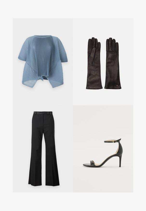 Gaiši zils plīvēts tops ar apaļu kakla izgriezumu, īsām piedurknēm un neapstrādātu malu. Izgatavots no viegla auduma, kas piedāvā vaļīgu, plūstošu dizainu.; Melnas platās bikses ar gludu auduma apdari, aprīkotas ar cietu jostu un presētām krokām, lai nodrošinātu elegantu izskatu.; Melnas ādas augstpapēžu sandales ar potītes siksniņu. Iezīmes gluda tekstūra, atvērta purngala un plāna papēža. Zelta krāsas sprādzes detaļa.; Weekend Max Mara SENAPE - Cimdi - nero