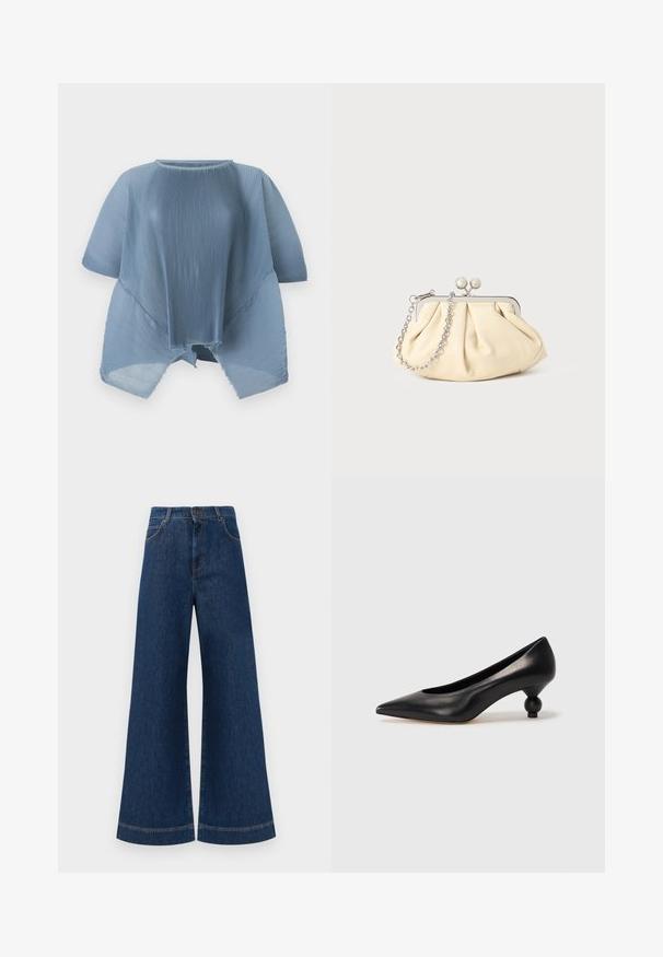 Világoskék redőzött blúz kerek nyakkal, rövid ujjú, nyers hemel. Könnyű anyagból készült, laza, áramló fazon.; Magas derekú, széles lábú kék farmernadrág, gombos záródással, övhurkokkal és diszkrét varrási részletekkel a zsebeknél és a szegélyeknél.; Fekete bőr magassarkú cipő, hegyes orral és kerek, gömbölyű sarokkal. Simább textúrával, elegáns, minimalista dizájnnal.; Pleátolt bézs bőr válltáska ezüst fém kerettel, két kerek díszcsattal és ezüst lánc pánttal.