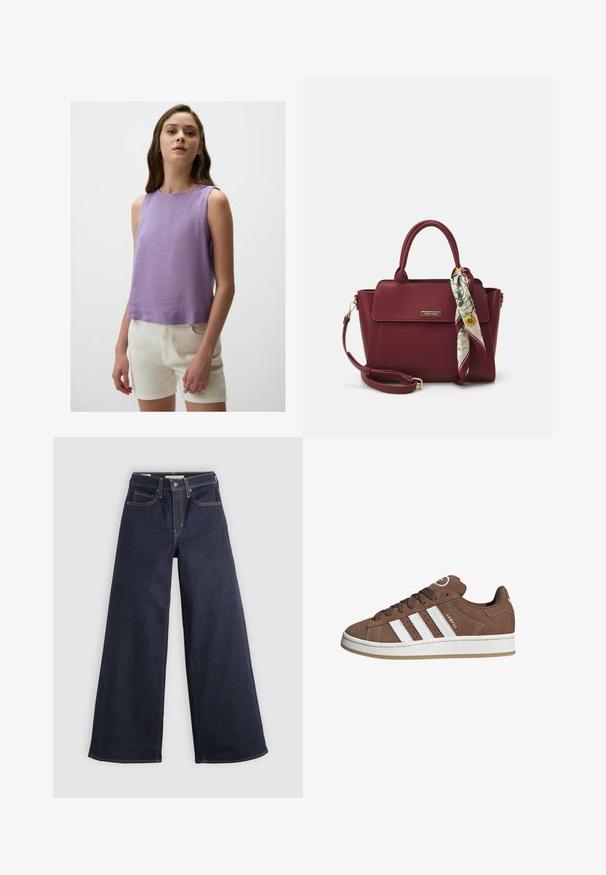 Liliowa bluzka bez rękawów o okrągłym dekolcie, wykonana z teksturowanej tkaniny; zestawiona z białymi szortami, o minimalistycznym wzornictwie.; Szerokie jeansy z denimu w ciemnoniebieskim kolorze z kontrastowymi przeszyciami. Charakteryzują się tradycyjnym pięciopocketowym fasonem oraz zapięciem na guzik w pasie.; Brązowe zamszowe sneakersy z białymi skórzanymi paskami, gumową podeszwą, zaokrąglonym noskiem i sznurowanym przodem. Posiadają logo na języku i perforowane akcenty.; Burgundowa torebka wykonana z materiału syntetycznego, o strukturalnym designie, z odpinanym paskiem i chustą w kwiatowy wzór związaną na uchwycie.