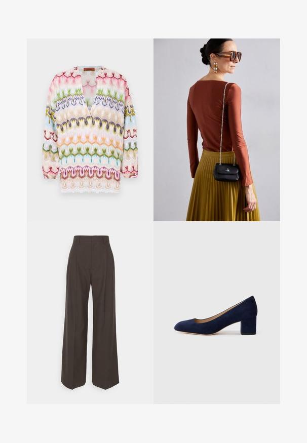 Pestrý, vyšívaný blúz s výstrihom do V a dlhými rukávmi, ktorý obsahuje zložené kvetinové a vlnité vzory v ružovej, zelenej, modrej a žltej farbe.; Tmavohnedé široké nohavice s vysokým pásom, ktoré majú úhľadne prežehlené záhyby, hladkú textúru a strih na mieru.; Námořnické modré semišové lodičky s špičatou špičkou a středním blokovým podpatkem. Hladká textura s jemným leskem a malým výstřihem vpředu.; Vivienne Westwood SMALL PURSE CHAIN - Taška cez plece - black