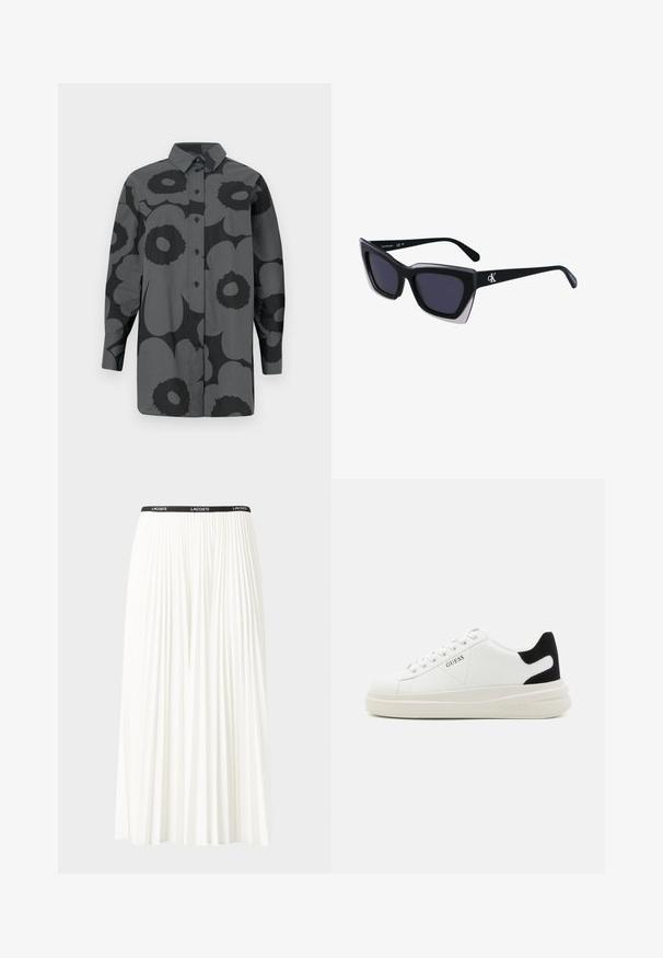 Pilko marškiniai iš pilkos medžiagos, dekoruoti dideliais juodais floristiniais raštais. Su apykakle ir ilgomis rankovėmis su mygtukais.; Pleated balta sijonas su juodu elastiniu juosmeniu, ant kurio yra "LACOSTE" logotipas. Vidutinio ilgio dizainas su švelnia tekstūra.; Baltos odinės sportbačiai su storu baltu padu, juodu nubuko kulno akcentu ir iškilmingu logotipu šone. Su raišteliais, turinčiais šešis akinius.; Juodos didelės saulės akinių su geometrine forma, turinčiais tamsius objektyvus ir kontrastingą pilką detalę ant rėmelio. Logotipas ant šalon.