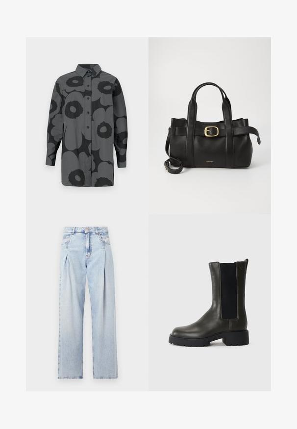 Pilko marškiniai iš pilkos medžiagos, dekoruoti dideliais juodais floristiniais raštais. Su apykakle ir ilgomis rankovėmis su mygtukais.; Šviesiai mėlyni džinsai su aukštu liemeniu, plačiomis kojomis, dviem šoninėmis kišenėmis ir raukinių dizainu. Minkšta tekstūra su nudilusia apdaila.; Žalios odinės aulinės bateliai su elastinėmis šoninėmis panelėmis, apvaliu pirštu ir guminiais padais. Yra tekstūruotas paviršius ir kvadratinis kulnas.; Juodas odinis rankinės maišas su struktūrizuotu dizainu, dviem viršutinėmis rankenomis, auksinės spalvos sagtimi ir iškilniu prekės ženklu priekyje.