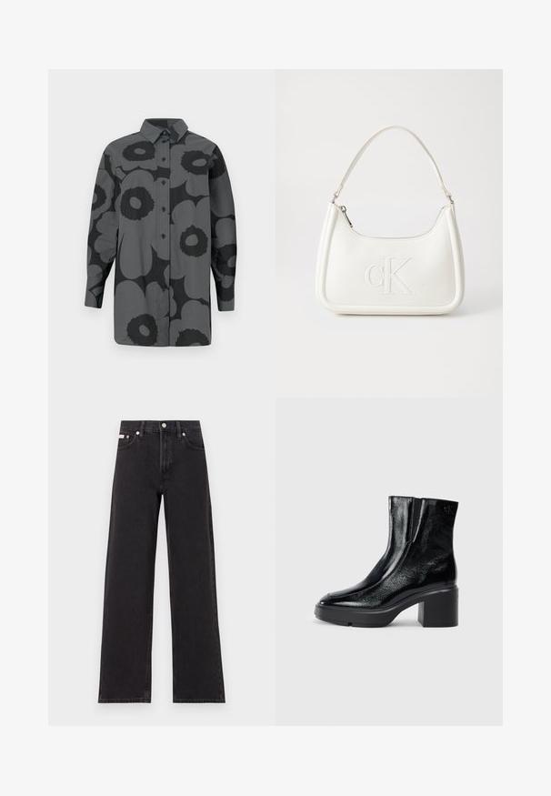 Button-up shirt in gray fabric featuring large black floral patterns. Includes a collar and long sleeves with button cuffs.; Black wide-leg jeans made of denim, featuring a high-rise waist, five-pocket styling, and a metal button closure with contrasting stitching.; Black patent leather ankle boots with a curved toe, elastic side panels, and a chunky block heel. Features embossed logo on the back.; White leather handbag with a curved shape, featuring an embossed "CK" logo on the front and a single shoulder strap. Zipper closure at top.