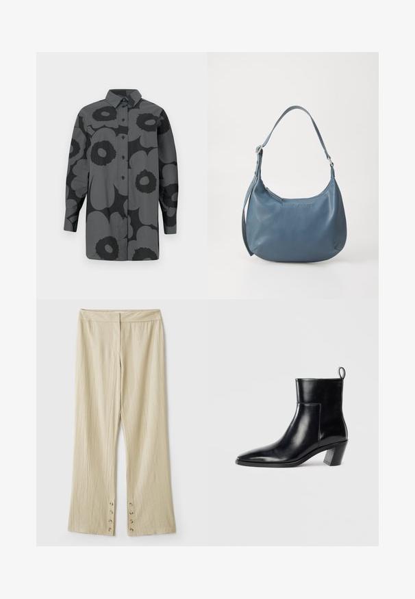 Grau karierte Hemdjacke aus Stoff mit großen schwarzen Blumenmustern. Enthält einen Kragen und lange Ärmel mit Knopfmanschetten.; Beige weit geschnittene Hose aus strukturiertem Stoff. Mit einem flachen Bund und fünf Knöpfen am Saum zum Schließen. Falten-Design.; Schwarze Leder-Ankleboots mit spitzem Zeh, geometrischem Blockabsatz und einem Zugband hinten. Glatte Textur und elegantes Design.; Blaue Lederhandtasche mit runder Form, einem Schulterriemen, Reißverschluss und eingeprägtem Markennamen auf der Vorderseite. Glatte Textur.