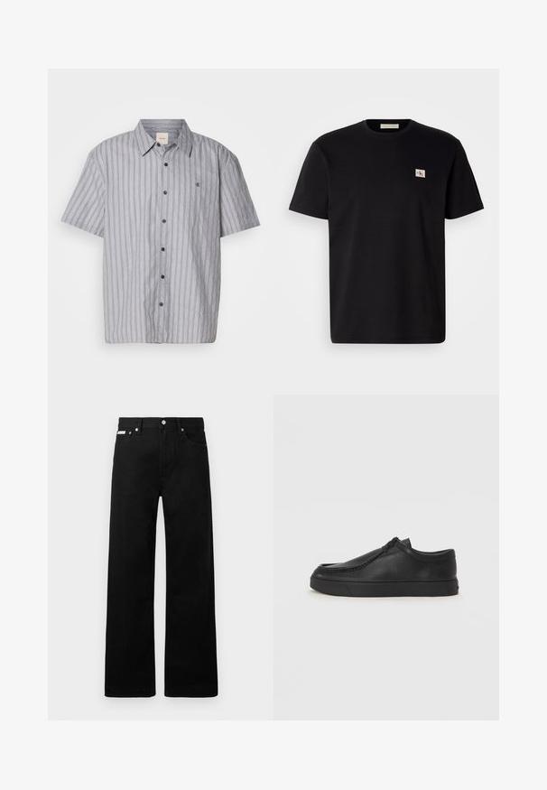 Koszula na krótki rękaw, zapinana na guziki, uszyta z lekkiego materiału w niebiesko-białe pionowe paski. Posiada klasyczny kołnierzyk i kieszeń z przodu.; Czarny bawełniany t-shirt z krótkim rękawem, okrągłym dekoltem i małym haftowanym logo po lewej stronie klatki piersiowej. Gładka tekstura, regularny krój.; Czarne dżinsowe spodnie o szerokim kroju, z pięcioma kieszeniami i metalowymi guzikami. Gładka tekstura, bez widocznych wzorów.; Czarne skórzane buty wsuwane z okrągłym noskiem, przeszyciami i czarną gumową podeszwą. Gładka faktura z minimalistycznym wzornictwem.