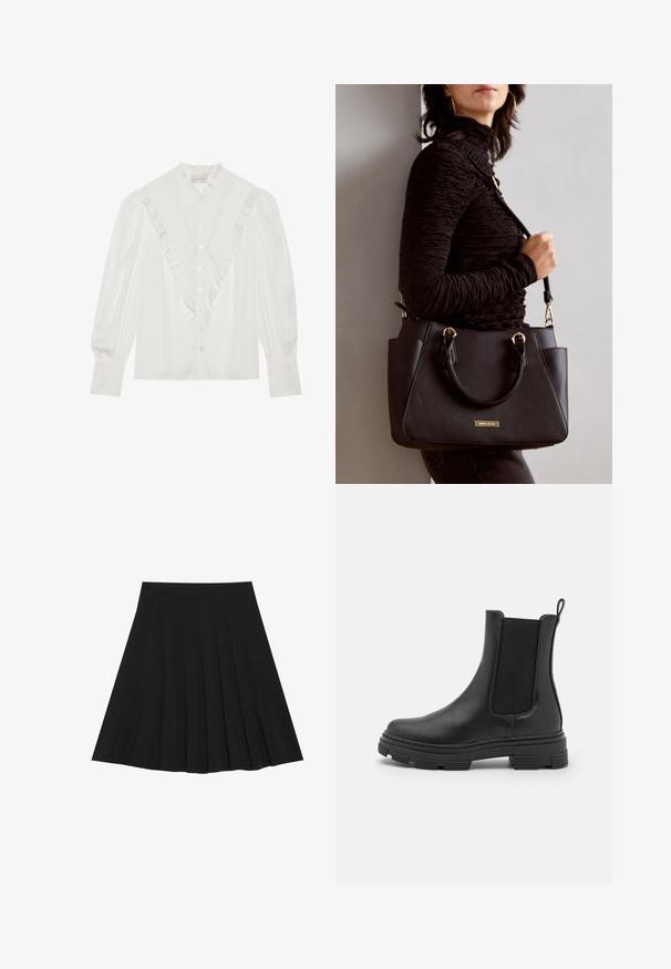 Valge pluus, millel on volangiga krae ja esiava, pikal varrukal on plekitooted ja nööbid ees.; Must mustriga seelik, millel on tekstureeritud kangas ja kitsas vöökoht. Ulatuv põlveni, omadab sujuvat ja lõputut siluetti.; Must mustelaste kodukinga, millel on elastsed külgpaneelid, ümar varvas ja tekstuuriga kummist välistald. Tagaküljel on mugavuse huvides aas.; Musthave must kott, millel on tekstuurne pind, kaks ülemist käepidet ja reguleeritav õlarihm. Omab kuldse tooni riistu ja külgtaskuid.