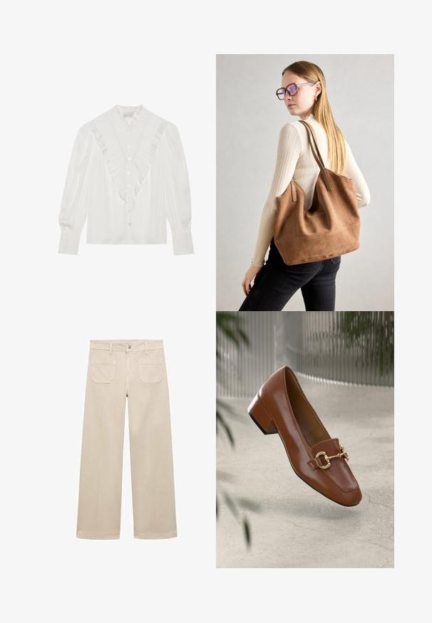 White blouse with a ruffled collar and front placket, featuring long sleeves with pleated accents and buttons down the front.; Beige wide-leg pants made of cotton. Features a zipper fly, a front button, and two patch pockets on the back. Clean hem with no embellishments.; Brown patent leather loafer with square toe, metallic chain accent, and low block heel; smooth texture, minimalist design.; Brown suede tote bag with soft texture, large opening, and long straps. Features a simple design with visible stitching and no hardware.