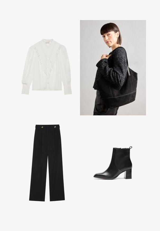 Balta blūze ar volānu apkakli un priekšējo pogu rindu, ar garām piedurknēm un pleitu akcentiem, kā arī pogām gar priekšpusi.; Melnas platās bikses ar augstu jostasvietu, pogu detaļām uz jostas un priekšējām krokām.; Melnas ādas potītes zābaks ar noapaļotu purngalu, vidēja augstuma bloku papēdi un aizdari aizmugurē. Gluda tekstūra, minimāls dizains.; Melnas zamšādas somiņa ar gludu tekstūru, strukturētu formu un kontrastējošu šuvumu. Aprīkota ar garām siksnām pleca nēsāšanai.