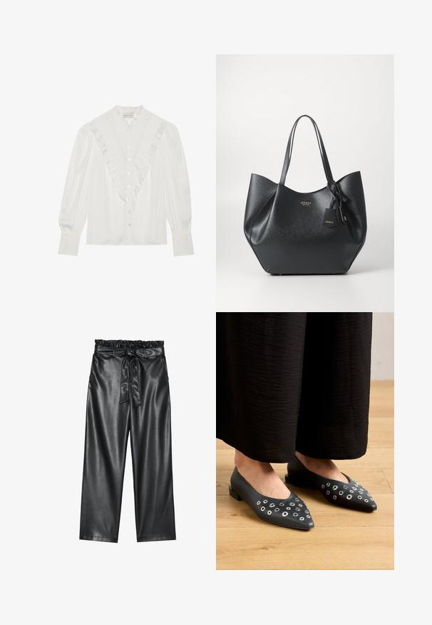 Bela bluza z nabranim ovratnikom in sprednjim zapenjanjem, ki ima dolge rokave z nabranimi detajli in gumbi spredaj.; Črne široke hlače iz umetnega usnja z elastičnim, nabranim pasom in snemljivim pasom. Gladka tekstura in minimalen sijaj.; Črne usnjene balerinke z ostrim nosom, okrašene z kovinskimi očesci različno velikosti ter z nizkim kvadratnim peto. Gladka tekstura na leseni podlagi.; Črna torba iz strukturiranega sintetičnega materiala z široko silhueto, ki ima dvojne ročaje in podrobnost z blagovno znamko.; Srebrna obročasta uhana s polirano površino, ki vključuje majhne zlate poudarke in okroglo obliko, nošena na ušesnem lobu.