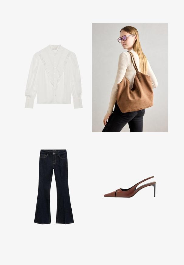 White blouse with a ruffled collar and front placket, featuring long sleeves with pleated accents and buttons down the front.; Dark blue denim jeans with high waist, front pockets, and flared wide legs, displayed flat on a white background.; Brown leather slingback heel with a pointed toe, cutout detail at the vamp, and a sleek stiletto heel. Smooth texture.; Brown suede tote bag with soft texture, large opening, and long straps. Features a simple design with visible stitching and no hardware.