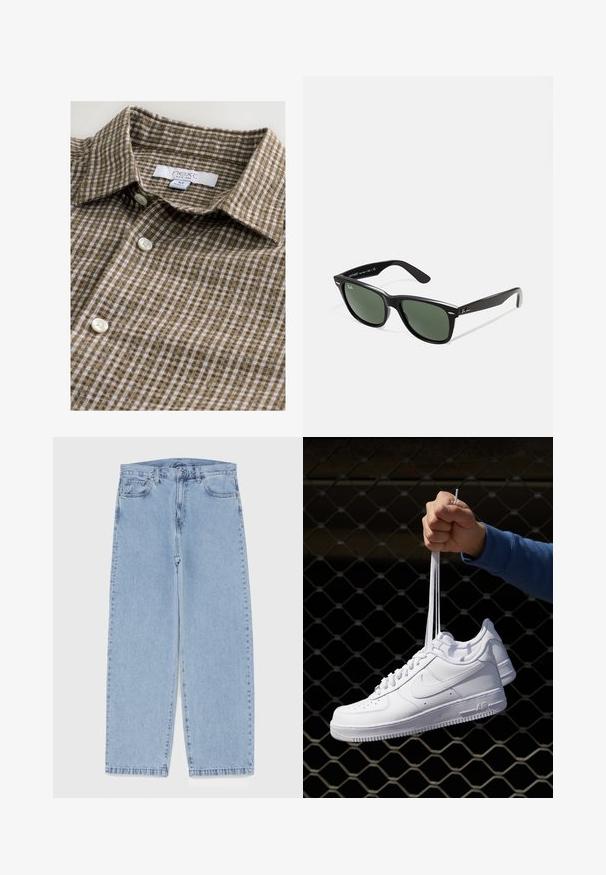 Rjava karo majica s gumbi iz materiala z mehko teksturo. Ima klasičen ovratnik in bele gumbe. Oznaka je vidna.; Bela bombažna majica brez rokavov z okroglo izrezom, širokimi naramnicami in ravnim robom, ki se ponaša z gladko teksturo in brez vidnih vzorcev.; Svijetloplave traperice s ravnim nogavicama, srednjeg struka, pet džepova te zatvaranjem na gumb i munju.; Bela usnjena športna obutev s perforacijami, okroglo konico, ravnim podplatom in debelimi vezalkami, z vidnim logotipom smoosh in napisom "AIR" na peti.; Črne plastične sončna očala z zelenimi lečami, kvadratni okvirji, srebrni detajl na obrvi in teksturirani ročaji. Blagovna znamka navedena na notranji strani ročaja.