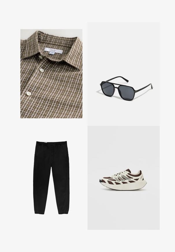 Rjava karo majica s gumbi iz materiala z mehko teksturo. Ima klasičen ovratnik in bele gumbe. Oznaka je vidna.; Črne hlače z elastičnim pasom in vrvico, ožji nogi, stranskimi žepi in subtilnimi detajli šivanja na straneh. Mehka bombažna tekstura tkanine.; Rjavi in smetanasti športni copat z mrežnim zgornjim delom, teksturiranimi prekrivnimi deli in zaobljenim, debelim belim podplatom. Ima nizko profilirano jezičko in vezalke.; Črne sončne naočniki z oktagonalnim okvirjem, temnimi lečami, sijočo površino, tankimi nogicami in zlatimi detajli spredaj.