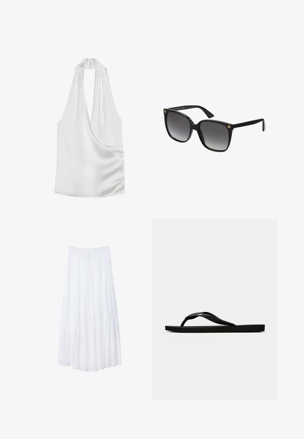 White satin halter top with a deep V-neck, draped design, and smooth texture. Minimalist style with no visible hardware or patterns.; White, tiered maxi skirt made of lightweight fabric. Features an elastic waistband and flowing design with soft, subtle texture.; Black rubber flip-flop sandal with a textured thong strap and simple flat sole, shown from side on a plain light background.; Black oversized sunglasses with gradient lenses, thick plastic frames, and gold logo accents on the temples. Angular shape and polished finish.