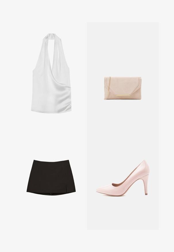White satin halter top with a deep V-neck, draped design, and smooth texture. Minimalist style with no visible hardware or patterns.; Black mini skirt made from smooth fabric, featuring a straight design with side slits and a clean hem. Simple and versatile.; Pink patent leather high heel pump with a pointed toe and a sleek silhouette, featuring a 4-inch stiletto heel and a smooth finish.; Beige suede clutch with a gold chain strap and rectangular hardware accent. Features a fold-over flap with angled edges and stitching detail.