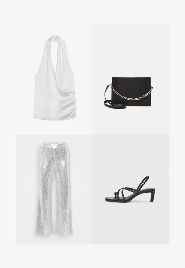 White satin halter top with a deep V-neck, draped design, and smooth texture. Minimalist style with no visible hardware or patterns.; Silver sequin wide-leg pants with a high waistband. The fabric shimmers and reflects light, featuring a smooth, glossy texture.; Black strappy sandal with a square toe and a low block heel. Features multiple thin straps and an adjustable ankle strap. Made of smooth leather.; Black leather crossbody bag featuring a smooth texture, rectangular shape, and a metallic chain detail on the front. Adjustable strap included.
