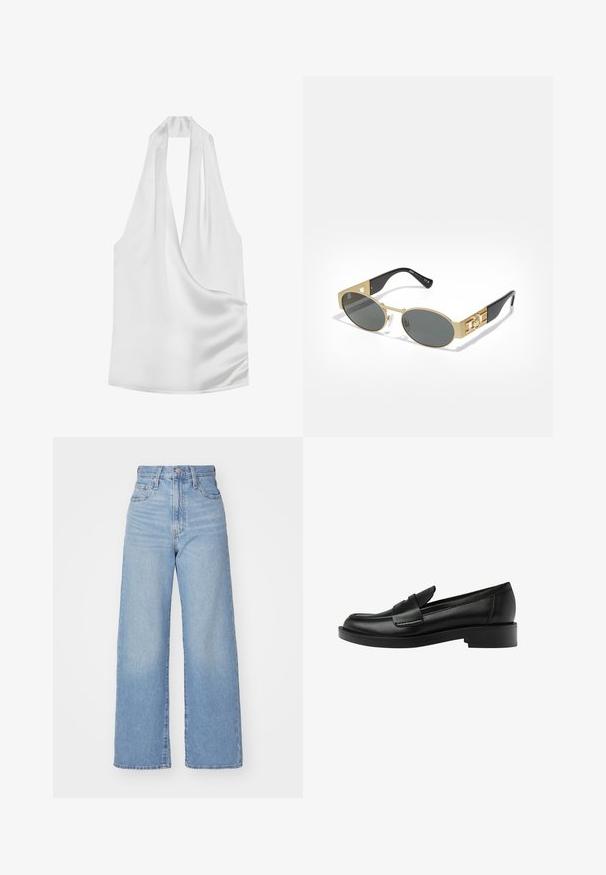 Vit satin halterneck-topp med djup V-ringning, draperad design och mjuk textur. Minimalistisk stil utan synlig hårdvara eller mönster.; Ljusblå högmidjade vida jeans med knapp- och dragkedjestängning, fram- och bakfickor, mot en vit bakgrund.; Svart läderloafers med rund tå, med en framträdande sömdekoration på ovansidan och låg blockklack för stabilitet.; Ovala solglasögon med en guldmetallram och grå linser. Utrustad med svarta acetatstänger med guldaccenter och logodetaljer på sidorna.
