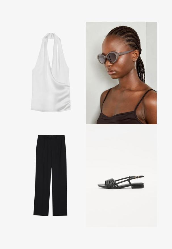 Weißes Satin-Haltertop mit tiefem V-Ausschnitt, drapiertem Design und glatter Textur. Minimalistischer Stil ohne sichtbare Hardware oder Muster.; Schwarze Hose mit geradem Bein, ausgestattet mit zwei frontalen Taschen und einem Taillenbund. Hergestellt aus einem glatten, leichten Stoff.; Schwarze flache Sandalen mit einem Riemen-Design, das mehrere Lederstraps und eine schmale Schnalle am Knöchel umfasst. Die Sohle ist flach und rechteckig.; Graue, übergroße Sonnenbrille mit runder Form und dunklen Gläsern. Eleganter Kunststoffrahmen mit glatter Oberfläche. Das Modell hat geflochtenes Haar.
