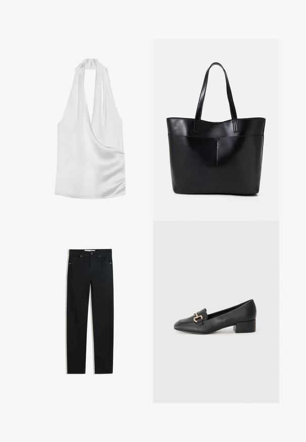 White satin halter top with a deep V-neck, draped design, and smooth texture. Minimalist style with no visible hardware or patterns.; Black denim pants with a straight leg design, five pockets, metal button closure, and subtle stitching details. Smooth texture.; Black leather loafers with a flat heel, featuring a decorative gold hardware detail on the front and a smooth texture.; Black leather tote bag with two long handles, a smooth texture, and a structured shape. Features a front pocket for additional storage.