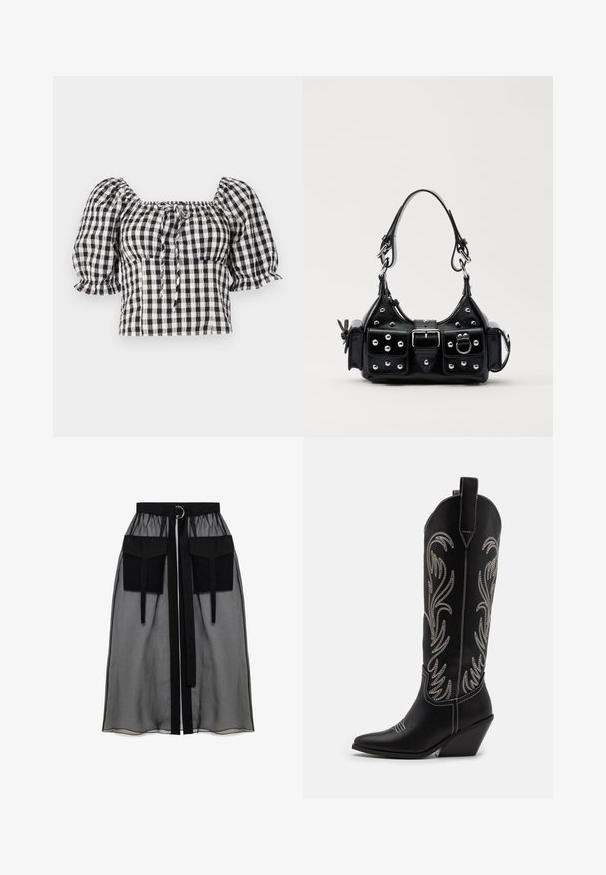 Juoda ir balta gingham madinga bluzonė su pūstomis ilgomis rankovėmis, kvadratine iškirpte ir raiščiu priekyje. Lengva medžiaga su susiraukšlėjusia tekstūra.; Juoda permatoma sijonas su surinkta liemene, dviem didelėm priekinėm kišenėm, liemens raišteliu ir apvaliu metaliniu akcentu.; Juodi oda kaubojiški batai su smailiu nosiu, stulpeliu ir sidabriniais siuvinėti gėlių raštais palei šoną. Kontrastingas siuvinėjimas visoje bato dalyje.; Juodas odinis rankinukas su kreiviu dizainu, su sidabro spalvos knopkėmis, užsegimu ir dviem šoninėmis kišenėmis. Reguliuojama dirželis nešimui.