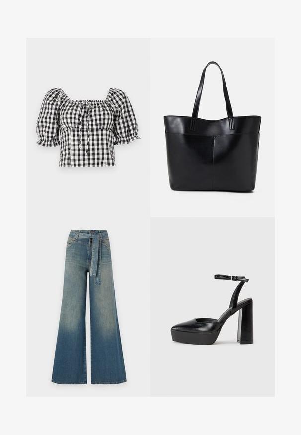 Mustvalge ruuduline pluus puffpüsivatel varrukatel, nelinurkse dekolteega ja nööri detailiga esiküljel. Kerge kangas, millel on kortsunud tekstuur.; Laiad denimpüksid, millel on hele tume sinine gradiendiefekt, kõrge vöökoht, vöökumlid ja sobivast kangast vöö. Struktureeritud denimi viimistlus.; Mustad platvormi kontsad terava ninaga ja reguleeritava pahkluuraamiga. Valmistatud siledast nahast, funktsioneerib massiivse plokknäheeliga.; Must mustaga musta nahast, millel on kaks pikka kanda, sile tekstuur ja struktureeritud kuju. Esipoolsel on lisakoti jaoks tasku.