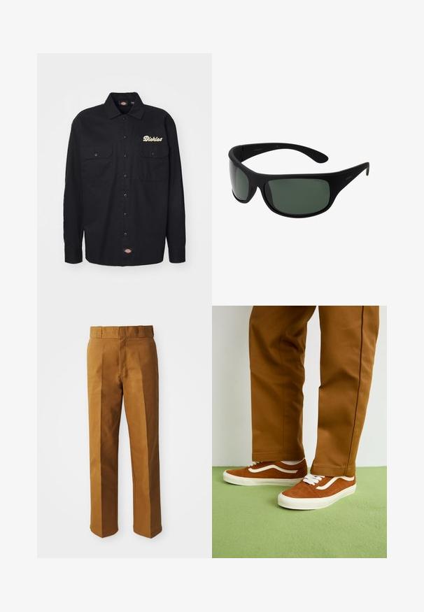 Fekete, hosszú ujjú ing gombos elülső résszel, két mellzsebbel és arany "Dickies" logóval. Klasszikus gallérral és tartós anyagból készült.; Fekete pamut póló rövid ujjakkal, bal mellen kék "DICKIES WORKWEAR COMPANY" logóval. Szabványos kerek nyakkivágás.; Barna, szabott nadrág sima textúrával, egyenes lábformával, elülső redőzéssel és standard derékpánttal.; Barna velúr tornacipő fehér fűzőkkel és oldalsó csíkkal, világosbarna nadrággal párosítva, zöld padlón.; Fekete, körbejáró napszemüveg sötétzöld lencsékkel. Matt felület, ívelt forma, egyenes szárakkal és diszkrét logóval az oldalon.