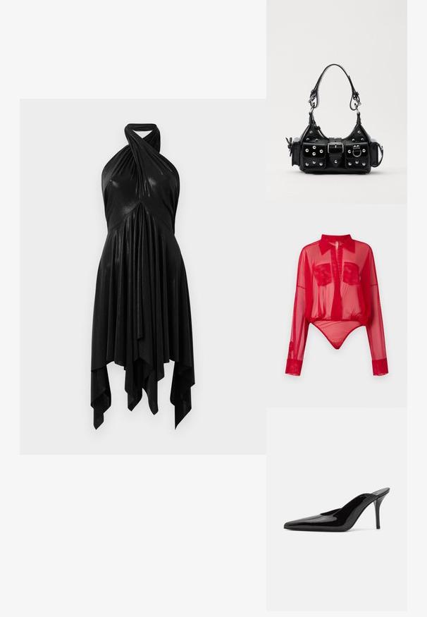 Bodysuit vermelho transparente de mangas longas com colarinho pontudo, decote em V profundo, dois bolsos no peito e parte inferior elástica que cria uma silhueta ajustada.; Vestido preto com decote halter e design drapeado. Feito de material brilhante, apresenta um decote torcido e barra assimétrica. Textura suave.; Mule de salto alto em couro envernizado preto com ponta fina e uma silhueta elegante, apresentando um calcanhar aberto e um salto stiletto esbelto.; Bolsa de couro preta com um design curvado, apresentando tachas prateadas, uma fivela e dois bolsos laterais. Alça ajustável para opções de transporte.